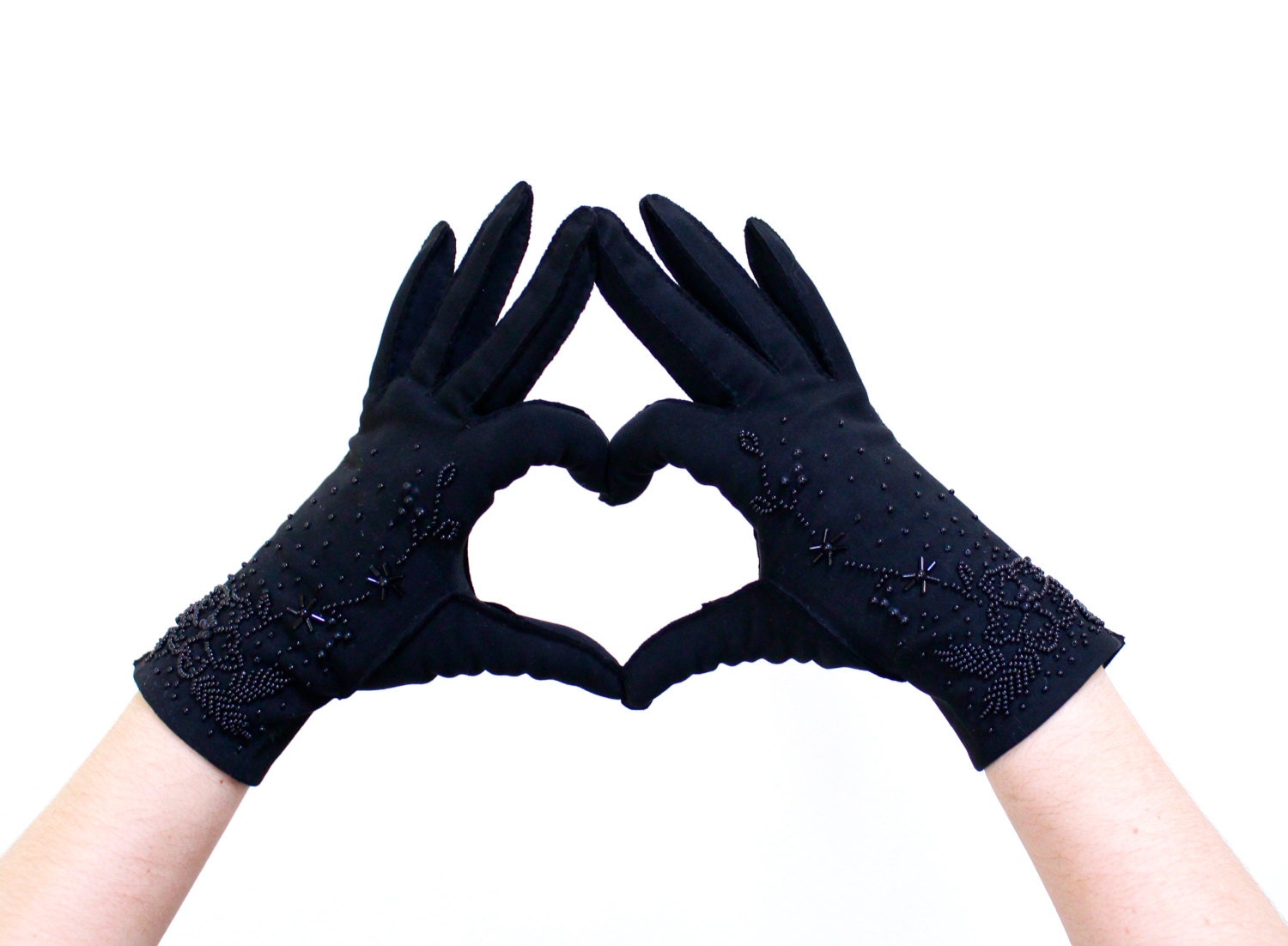 Vintage Black Glass Bead Gloves -  Size 6 1/2 1950s Cotton Wrist Length Fashion Accessory / Dark Beaded Flowers
