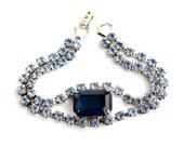 Vintage Blue Rhinestone Bracelet -  1950s Silver Tone Signed Kramer Costume Jewelry / Sapphire & Baby Blues