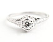 Antique Art Deco 18K White Gold Diamond Ring - Size 7 1920s 1930s Solitaire Filigree Engagement Fine Jewelry / Great Gatsby Wedding Ring