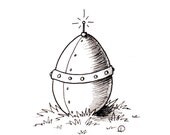 4x6 Robot Pen & Ink Illustration - Robot Egg - Black and White