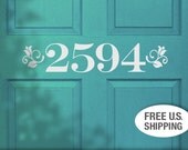 Custom House Number Removable Vinyl Door Decal in Floral Accent Style