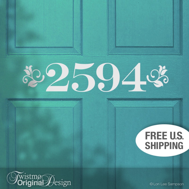 Custom House Number Removable Vinyl Door Decal in Floral Accent Style