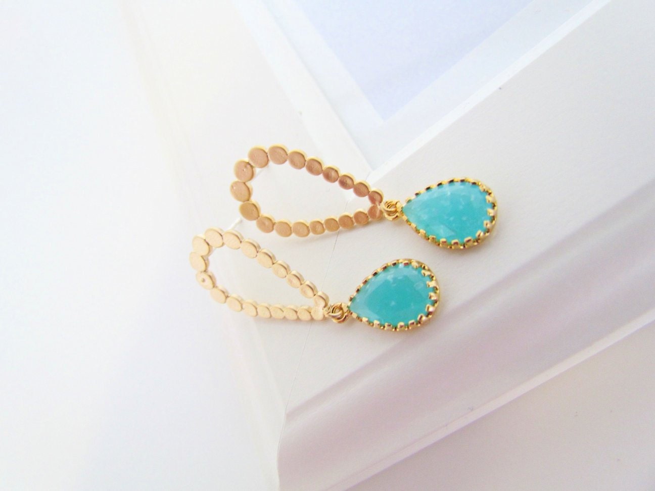 Mint opal glass stone earrings - Blue tear drop gold framed earrings