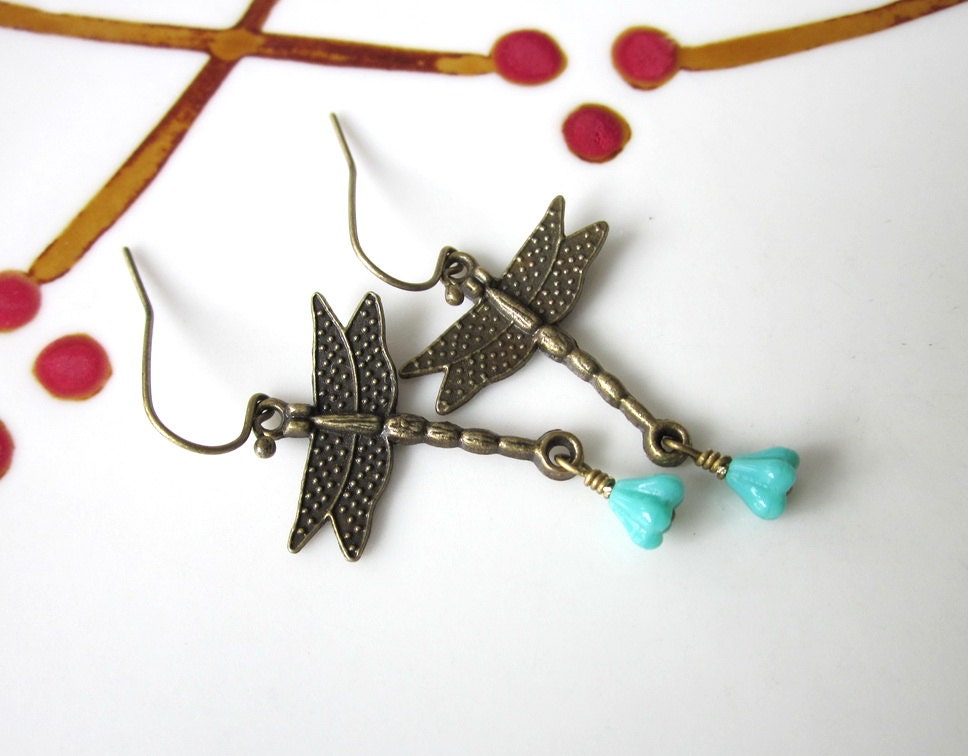 Clearance SALE Romantic Czech Flower earrings with Antique Brass Dragonfly Connectors