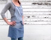 Rustic Full Kitchen Art Studio Apron For Him or Her with Crossed Back Ties in Chambray No. 1