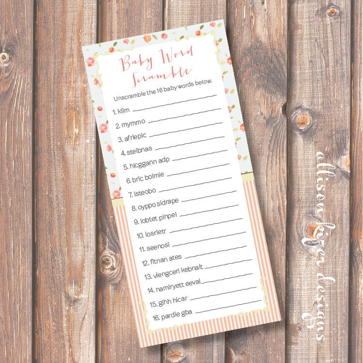 Soft Summer Floral Baby Word Scramble Printable Baby Shower Game