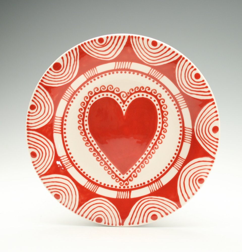 Bohemian Heart Plate Hand Painted Red and White Salad Plate Dinnerware
