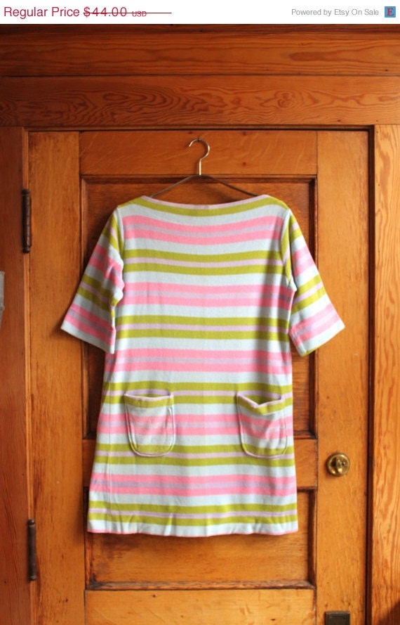 Sale Dress 1960s Vintage 60s PINK GREEN  Mini MOD Striped Terry Cloth M Medium