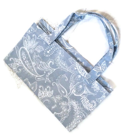 reusable grocery bag eco-friendly recycled pale blue & white print paisley print