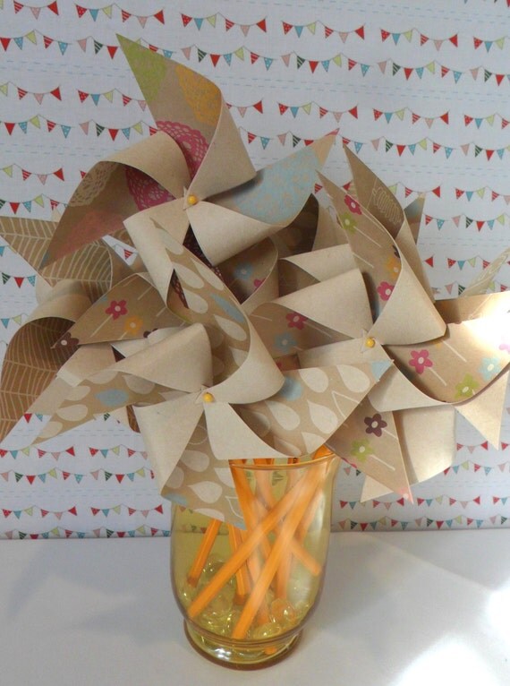 Pinwheels in Natural Craft Designs Set of 12 Pinwheels Perfect for or a Birthday Party or a Baby Shower or a Bat Mitzvah or Wedding Il_570xn