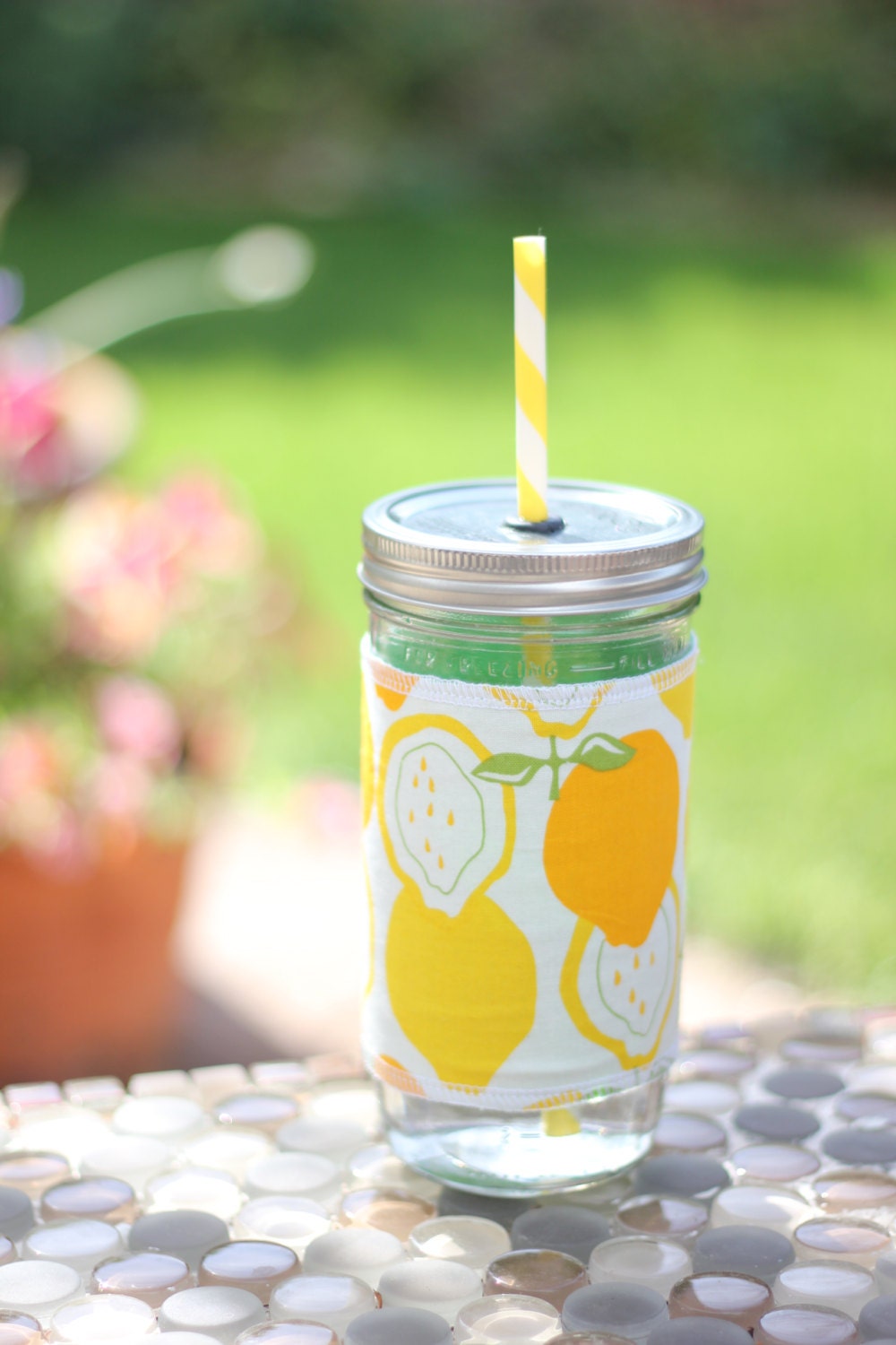 Lemon Lime Mason Jar cup  24 oz large to go Tumbler with fabric sleeve- travel mug - teachers gift - mothers day- candy swirl straw included