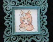 Foxy Girl,  original sketch from Rudy Fig, vintage ornate frame, wall art, drawing,animal girl, illustration