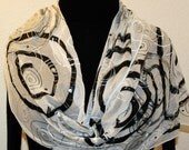 Hand Painted Silk Scarf Silver Spirals. Scarf in White, Black, Siver. Size LARGE 14x70. Made in Colorado. 100% silk chiffon. MADE to ORDER