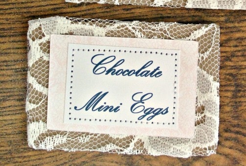 Wedding Sign Mini Table Card Dish Label Vintage Chic Sewn Kraft & Lace, Set of 6