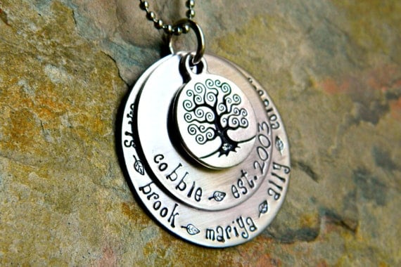 Handstamped Tree of Life Family Necklace - Personalized Two Layered Pendants - The Julie Design