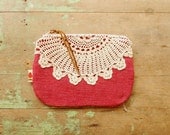 Crochet lace clutch purse / red zip purse / upcycled / bridesmaid clutch