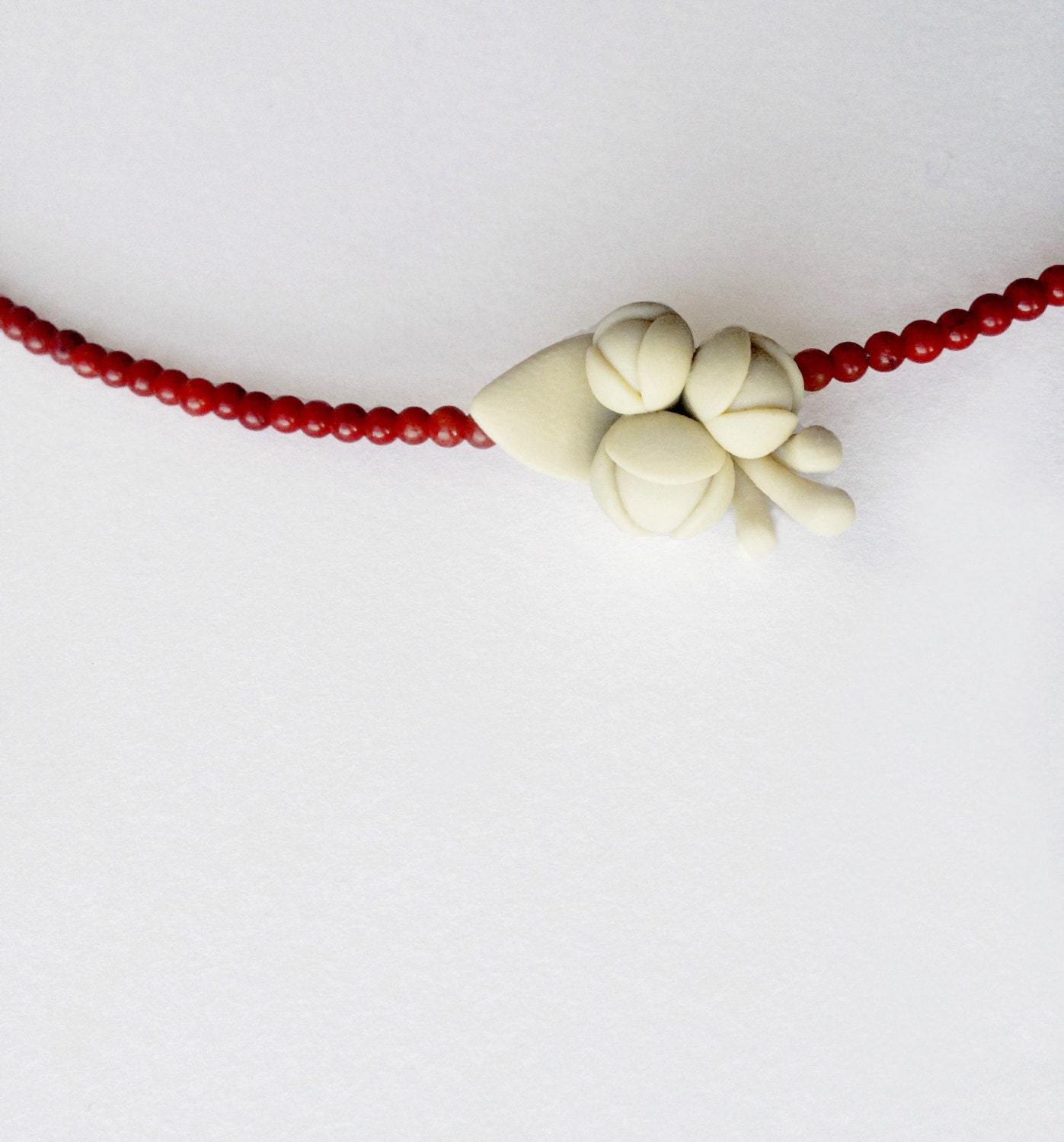 modern romantic flower necklace - minimal polymer clay retro jewellry . nO. 199 '' retro branch between red corals'' necklace