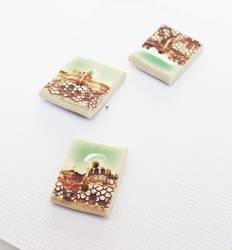 Handmade Buttons Tiny Small Square Ceramic Pottery Clay Sewing Stitching Sew-on Mint Green and Brown Lace Stoneware Modern Rustic Couture 3