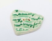 Handmade Ceramic Pottery Button Freeform Emerald Green on White Stoneware Sewing Stitching Supplies Modern Couture Geometric