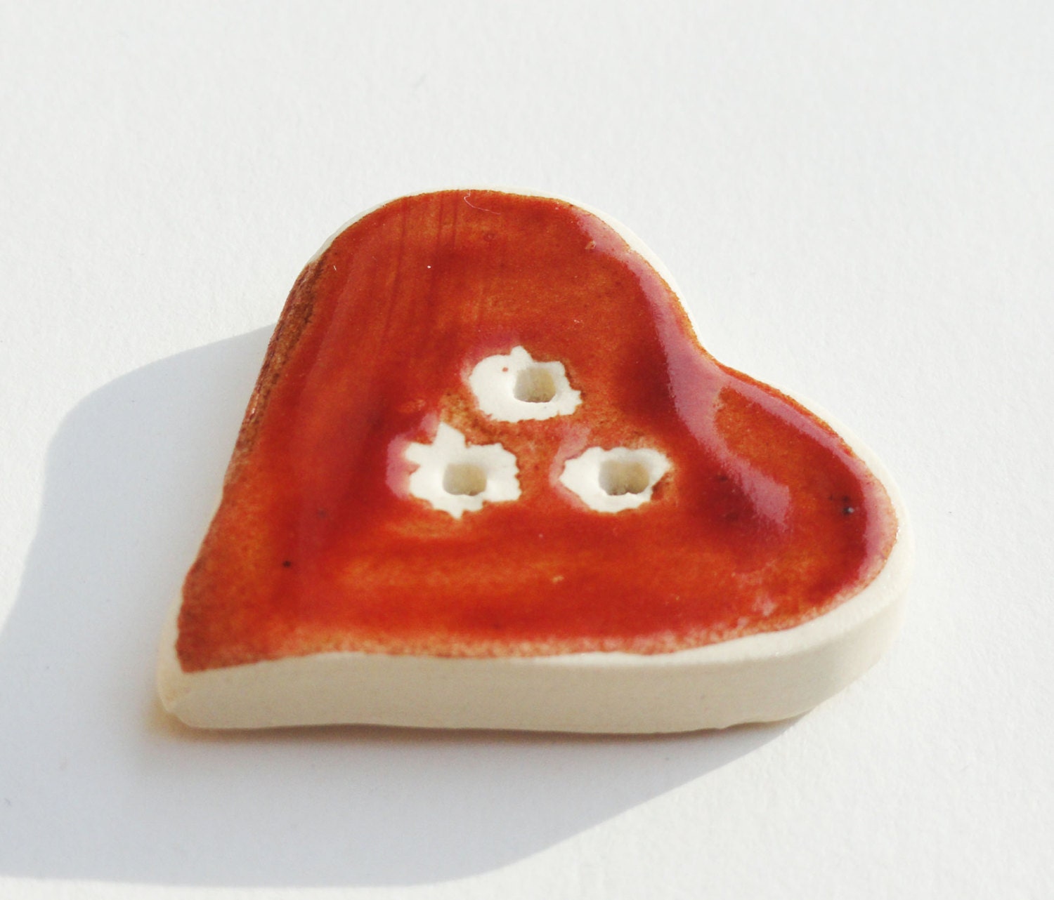 Large Ceramic Pottery Button Handmade Rustic Red Heart Modern Knitting Sewing Sew-On Couture Valentine's Day Romance White Stoneware Cotteam