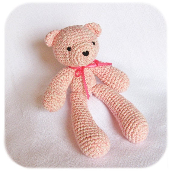 stuffed crochet teddy bear in pink and white amigurumi animal plush