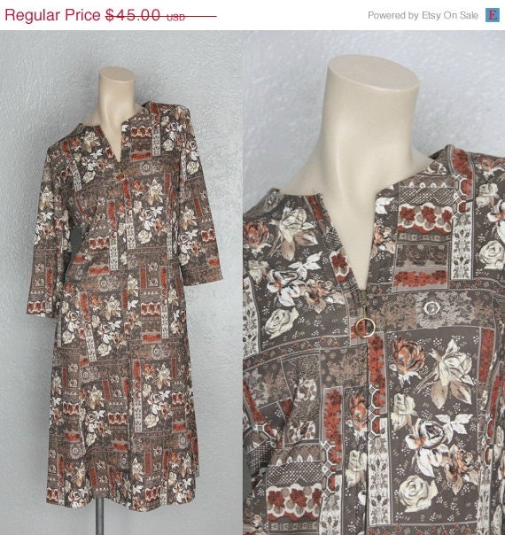30% OFF. 1970's. brown. floral print. patchwork. vintage dress. plus size. Sz xl/xxl.