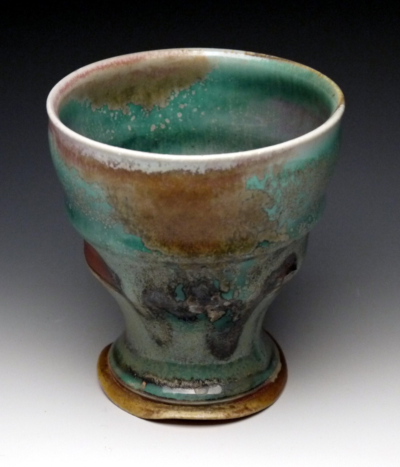 Cup, porcelain, oribe glaze, avery flash, woodfired