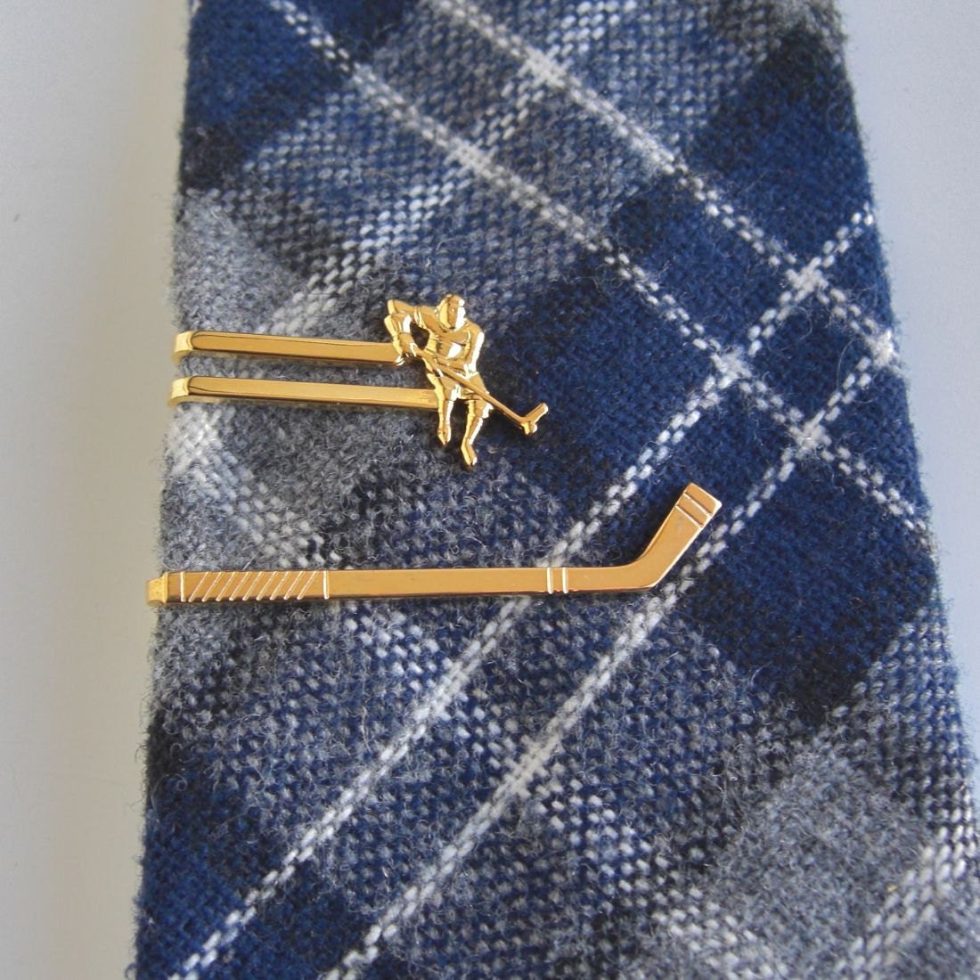2 Gold HOCKEY Tie Bar / Tie Clasp / Tie Clips - Vintage Old Stock