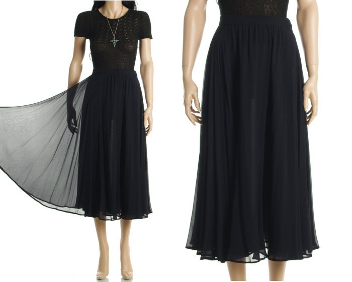 Vintage 90s Silk Skirt - Navy Blue Sheer Chiffon Silk Full Maxi Skirt - S