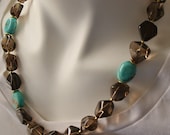 Smoky Quartz Nugget & Flat Turquoise Howlite Stone Necklace