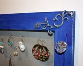 Wall Mount Jewelry Holder Organizer, Rustic Style Wood Frame in Deep Blue, Bracelets,Necklace Holder