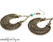 Unique Ethnic Bronze crescent shape dangle earrings/Hippie/Tribal/Free people style/Bohemian jewelry/Gypsy earrings