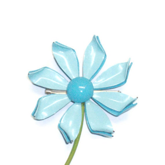Vintage Enamel Flower Brooch Pin, Aqua, Blue -- 0619