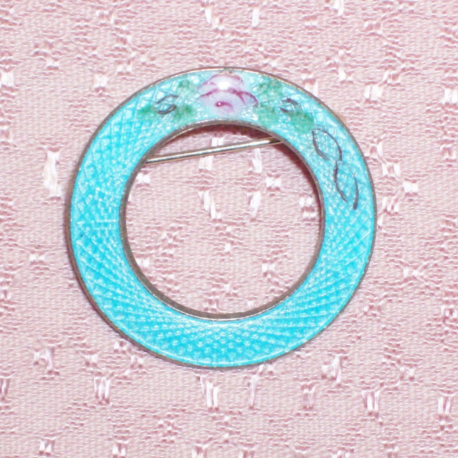 Blue Guilloche Enamel Brooch with Hand Painted Pink Rose -- 0617