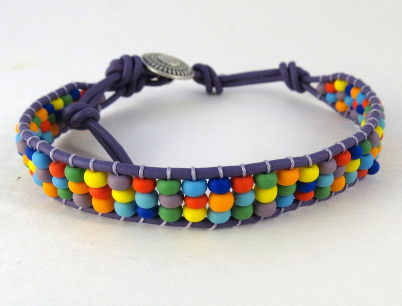 Leather Wrap Bracelet in Colorful Seed Beads