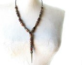 Skull Spike Beaded Necklace:  Black Leather, Rustic Czech Glass Mix, Bohemian