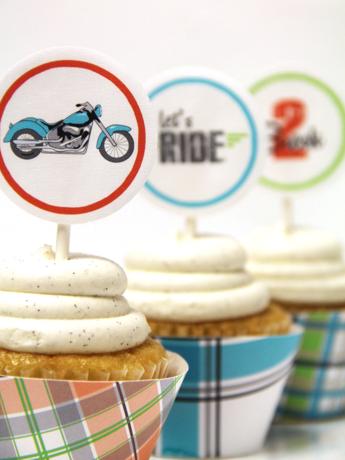 Motorcycle Cupcake Toppers &  Plaid Cupcake Wraps - set of 12 - three styles