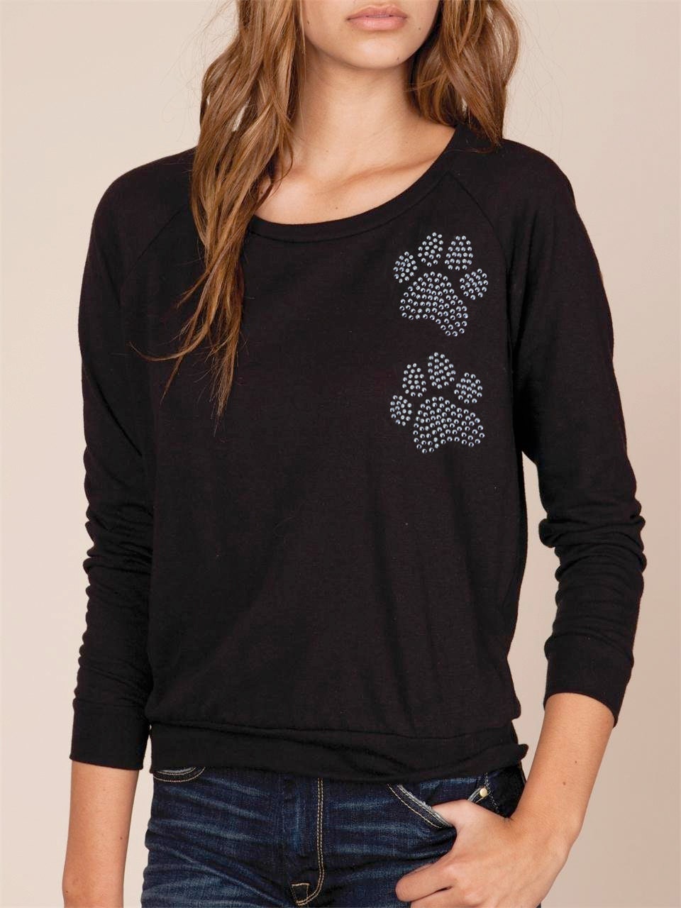 Double Paw Print Stud Sweater Slouchy Raglan Pullover