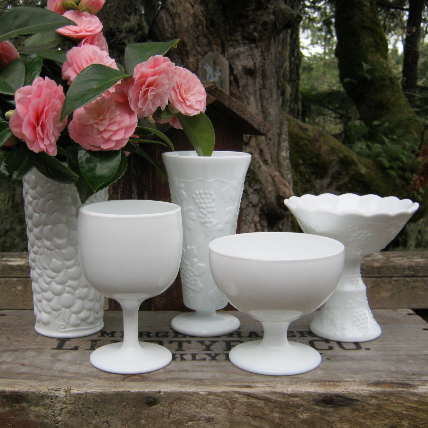 5 Milk Glass Vases - Lot E