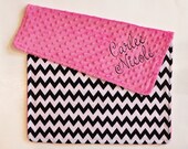 Chevron PERSONALIZED Baby Girl Stroller Blanket with Hot Pink Minky