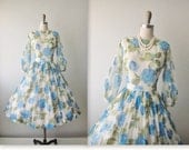 50s Floral Dress // Vintage 1950s Rose Print Chiffon Cocktail Party Mad Men Prom Dress XS