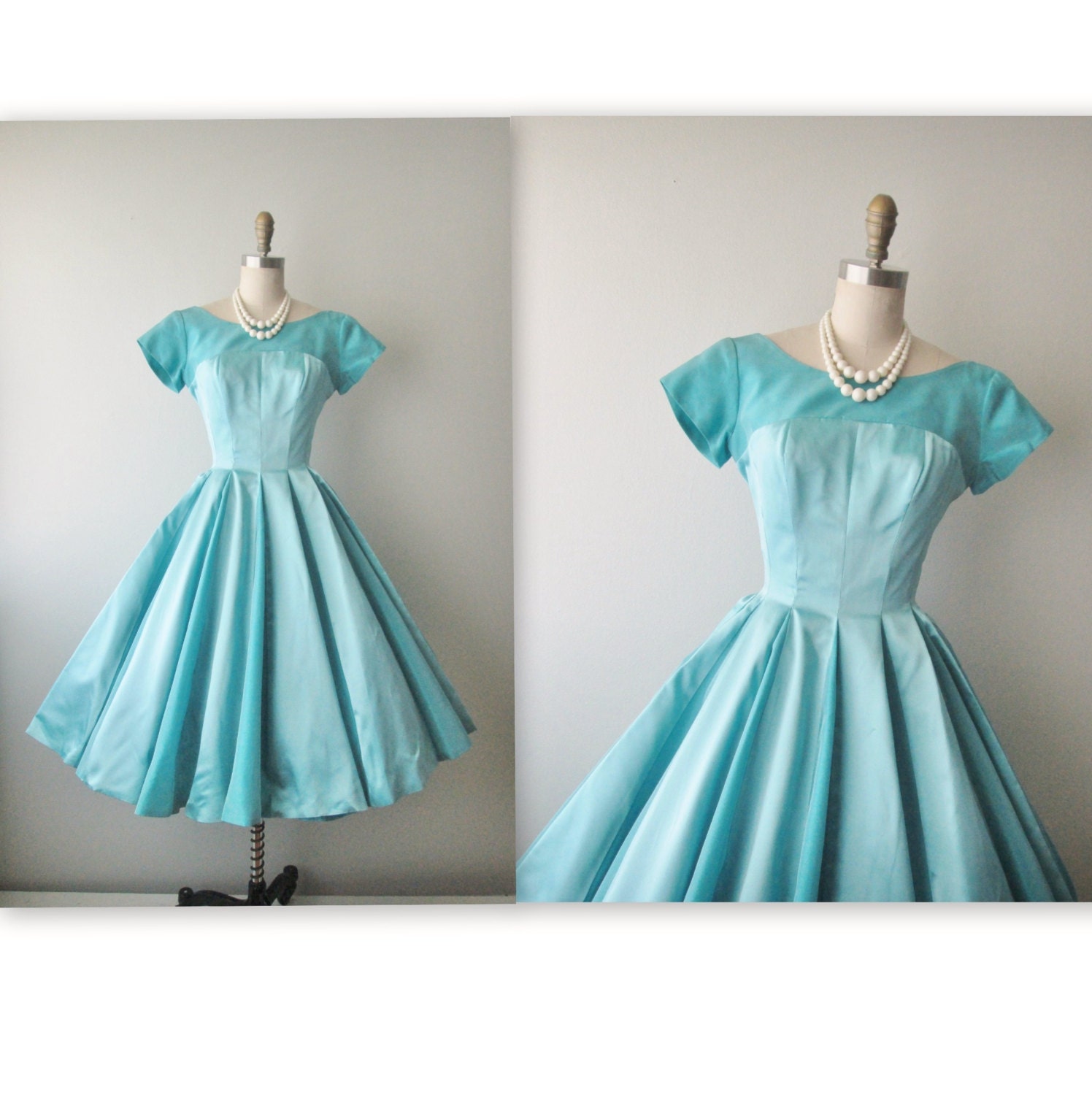50's Dress // Vintage 1950's Blue Satin Taffeta Cocktail Party Wedding Prom Dress XS