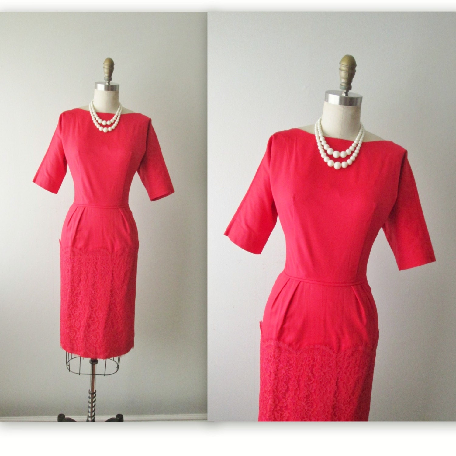 50s Wiggle Dress // Vintage 1960s Red Cotton Lace Fitted Cocktail Party Mad Men Secretary Wiggle Dress S
