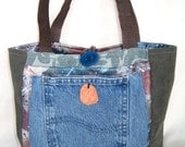 Tote Bag Brown Blue Denim Organizer Terra Cotta Shamrock Embellishment