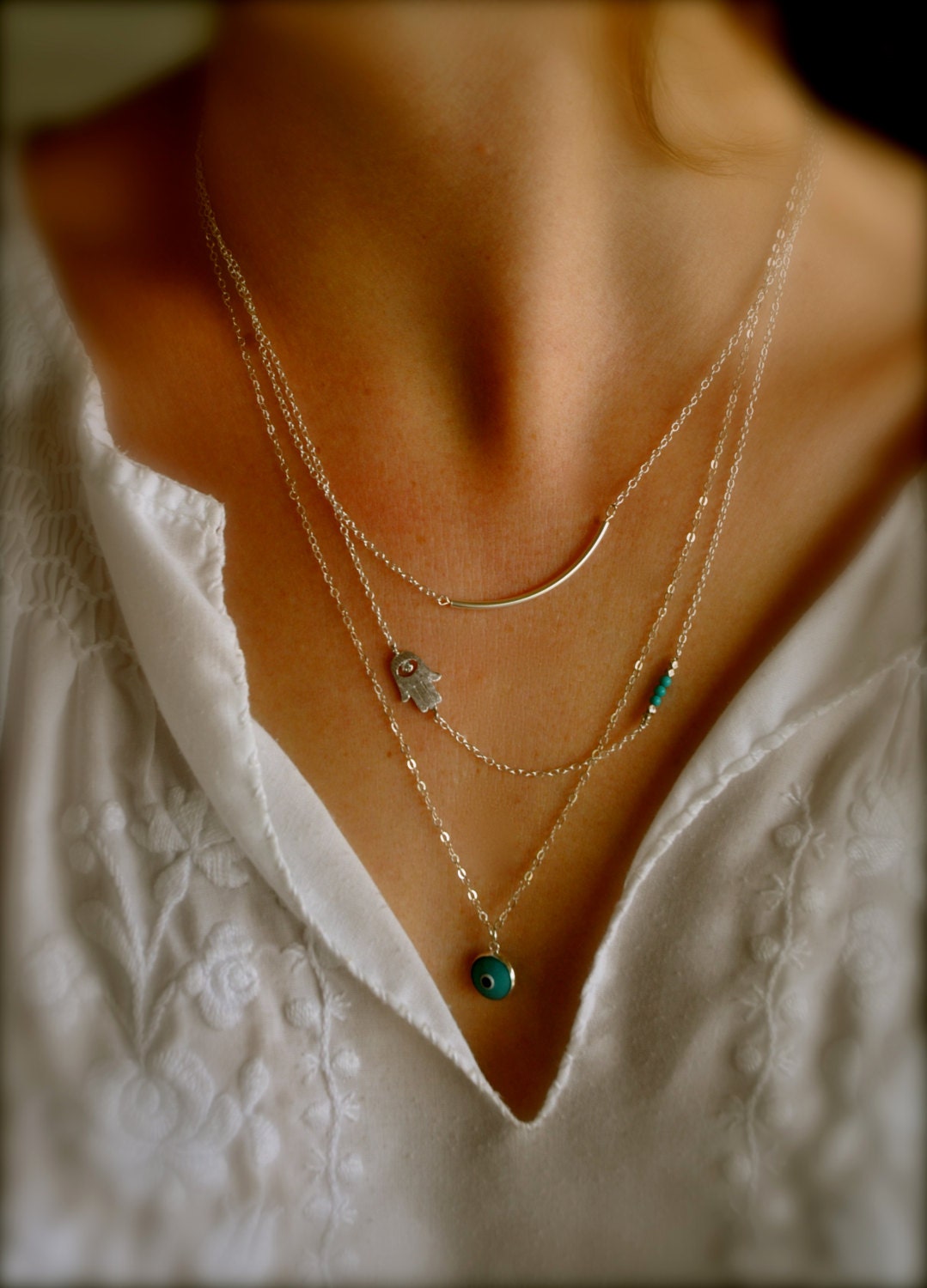 Sterling Silver Layering Necklaces, Set of 3, Sideways Hamsa, Turquoise, Evil Eye, Curved Tube