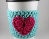 Teal and Pink Heart Crochet Cup Cozy Sleeve - READY TO SHIP