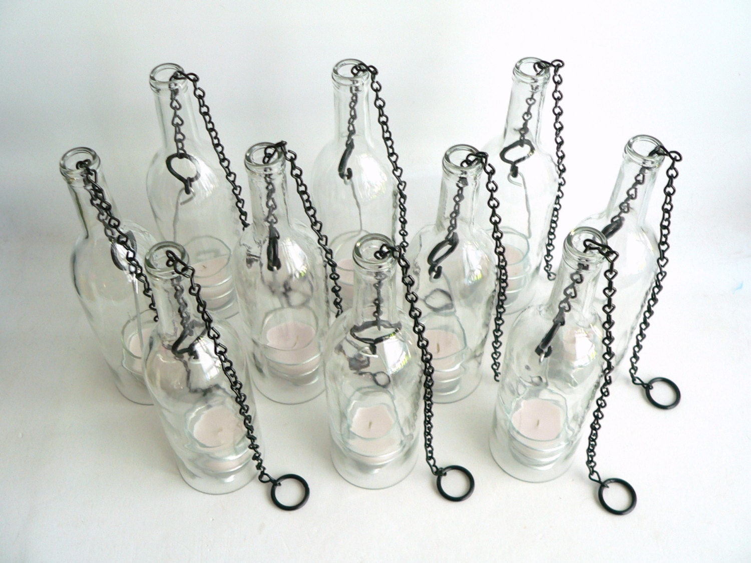 Ten Clear Glass Wine Bottle Candle Holder Hanging Hurricane Lanterns