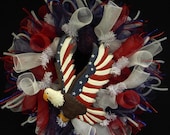 Patriotic Wreaths (24"), Memorial or Labor Day, Veterans Day, RWB, American Eagle, Poly Mesh Wreath, Deco Mesh - Item 778