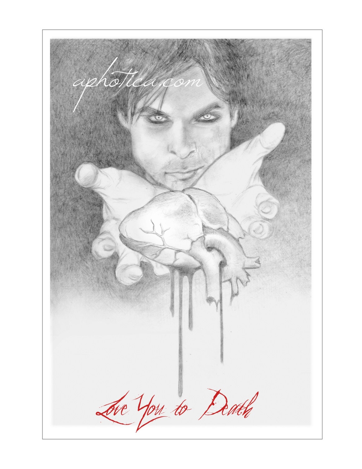 valentine's day card zombie offering an anatomical human heart print from original pencil drawing