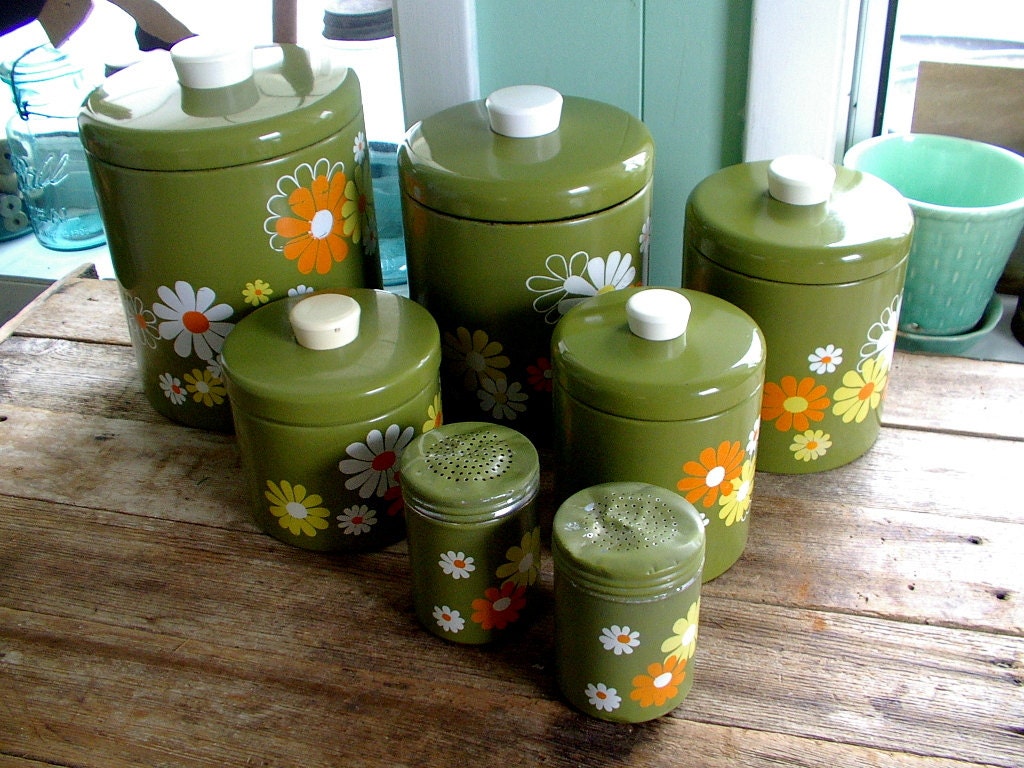 Hippie Culture 7 pc RANSBURG Tin Kitchen Canister Set with salt pepper and grease strainer tin